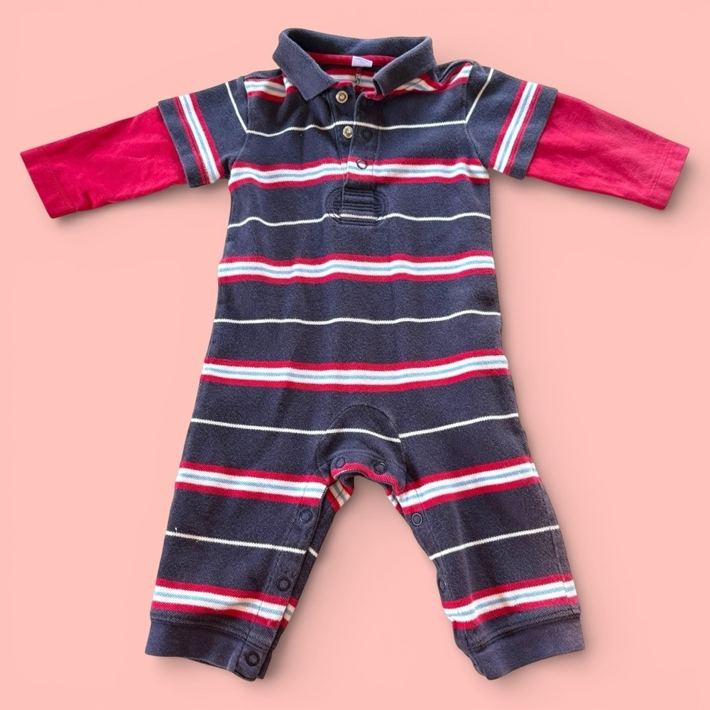 Vintage LAND’S END 3-6 Month Polo Striped Jumpsuit Layered Long Sleeves Snaps